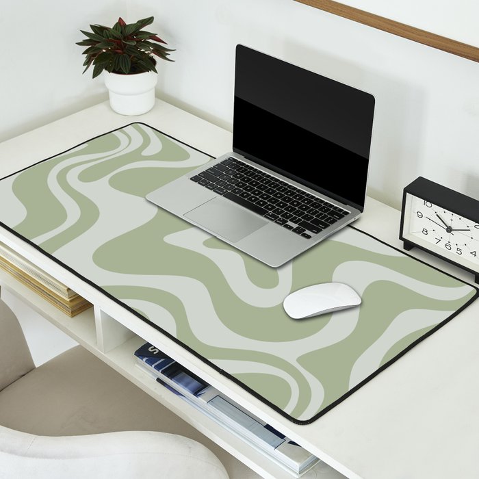 Liquid Swirl Retro Abstract Pattern in Sage Green and Light Sage Gray Desk Mat Gallery Image 2