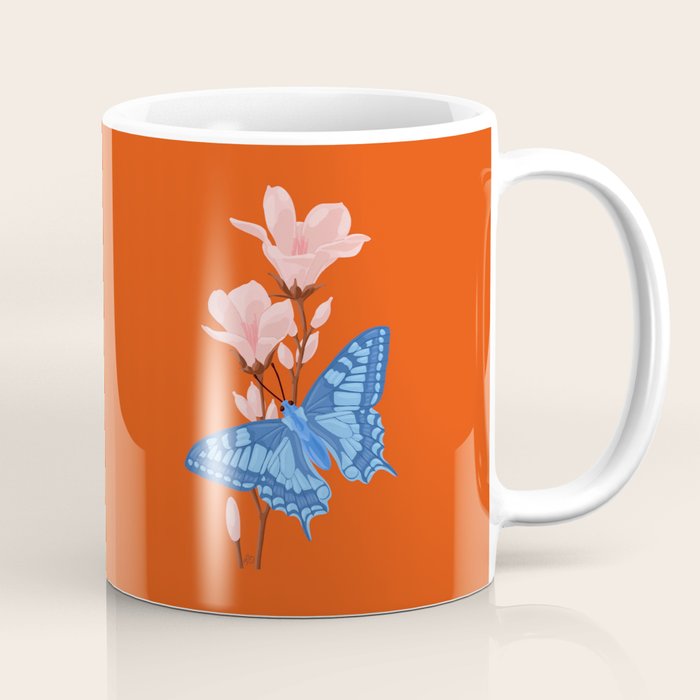 Blue Butterfly and Blooms on a Red Canvas Coffee Mug Gallery Image 1