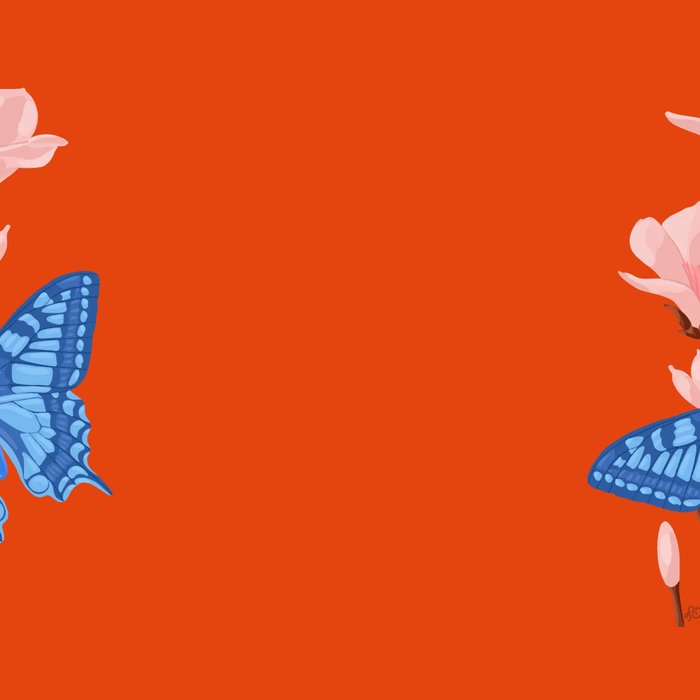 Blue Butterfly and Blooms on a Red Canvas Coffee Mug Gallery Image 2
