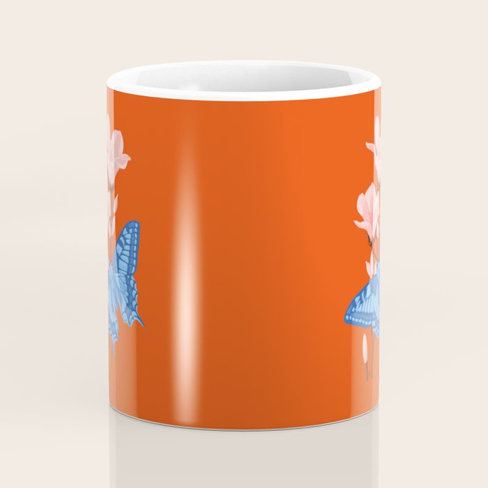 Blue Butterfly and Blooms on a Red Canvas Coffee Mug Gallery Image 4