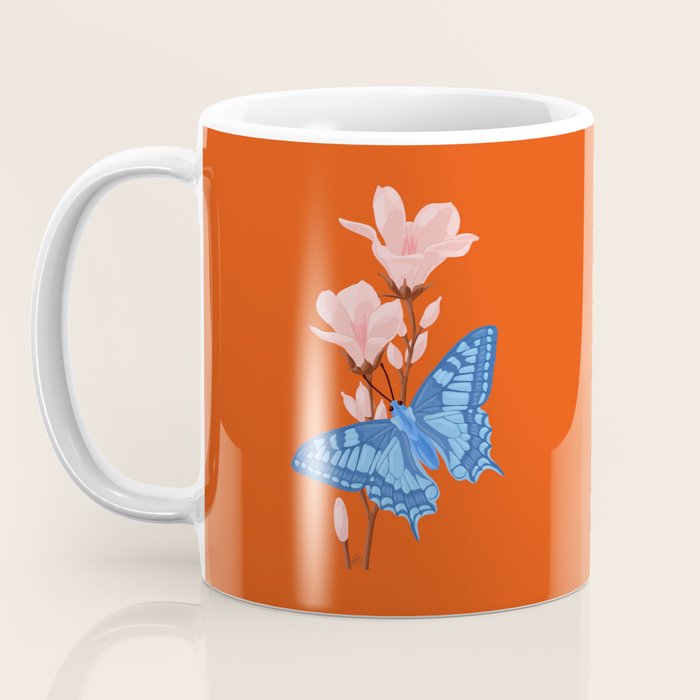 Blue Butterfly and Blooms on a Red Canvas Coffee Mug Gallery Image 3