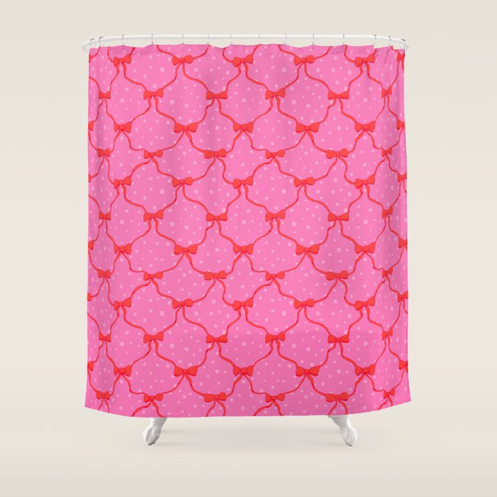 Christmas bows with snow, pink and red Shower Curtain Gallery Image 1