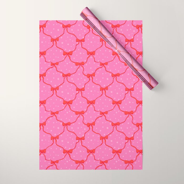 Christmas bows with snow, pink and red Wrapping Paper Gallery Image 1