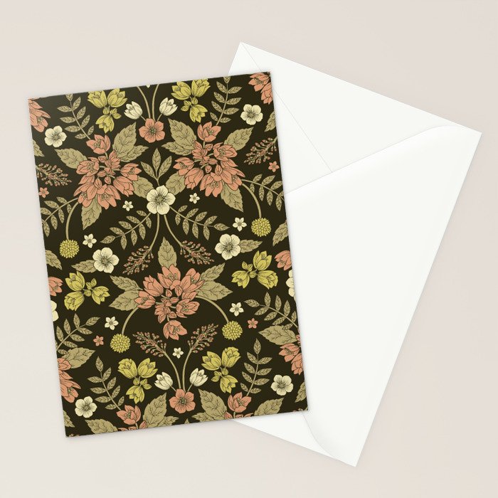 Sage, Dark Green, Peach & Cream Floral Pattern Stationery Card Gallery Image 2