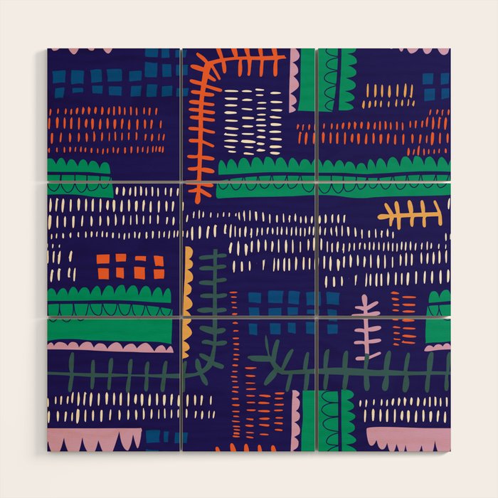 Block print geometrics blue Wood Wall Art Gallery Image 1
