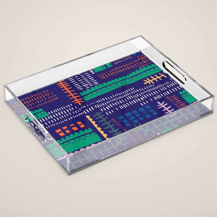 Block print geometrics blue Acrylic Tray Gallery Image 1