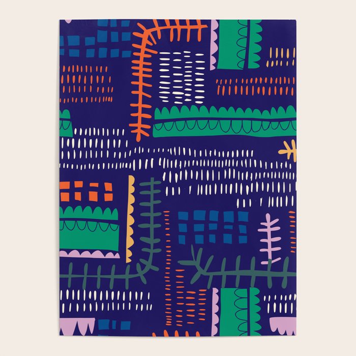 Block print geometrics blue Poster Gallery Image 1