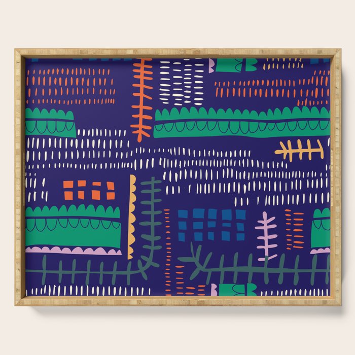 Block print geometrics blue Serving Tray Gallery Image 1
