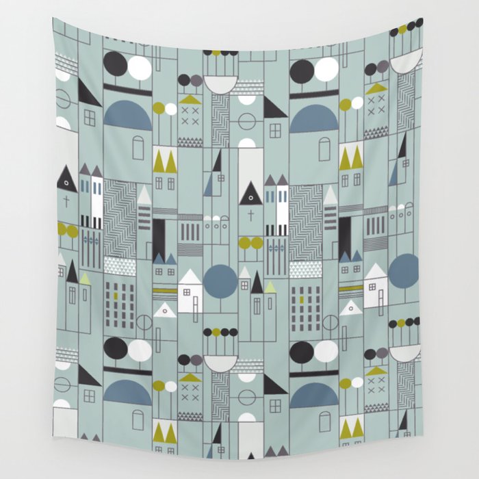 City life blocks blue teal Wall Tapestry Gallery Image 1