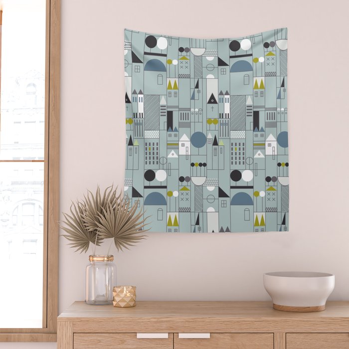 City life blocks blue teal Wall Tapestry Gallery Image 2