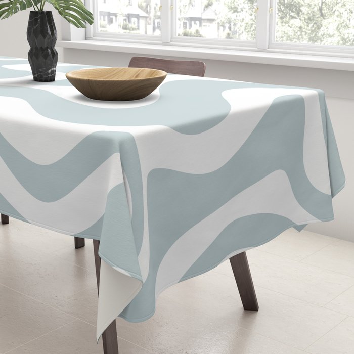 Retro Liquid Swirl Abstract Pattern in Pale Blue-Gray and White Tablecloth Gallery Image 3