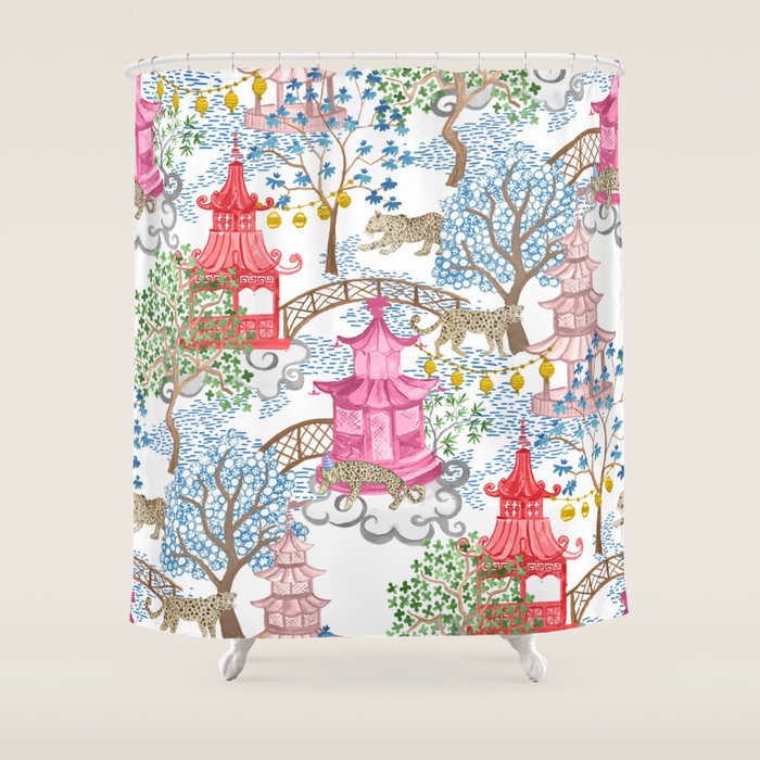 Multi Color Leopards in Pagoda Forest Shower Curtain Gallery Image 1