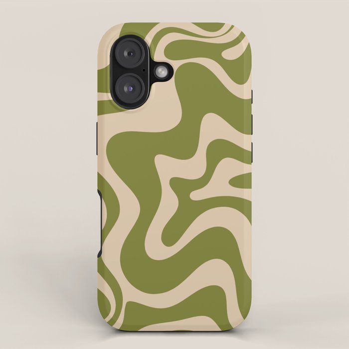 Retro Liquid Swirl Abstract Pattern in Mid Mod Olive Green and Beige iPhone Case Gallery Image 1