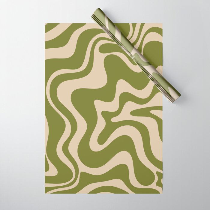 Retro Liquid Swirl Abstract Pattern in Mid Mod Olive Green and Beige Wrapping Paper Gallery Image 1