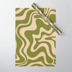 Retro Liquid Swirl Abstract Pattern in Mid Mod Olive Green and Beige Wrapping Paper Gallery Image 1