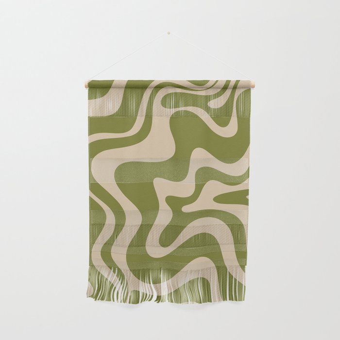 Retro Liquid Swirl Abstract Pattern in Mid Mod Olive Green and Beige Wall Hanging Gallery Image 1