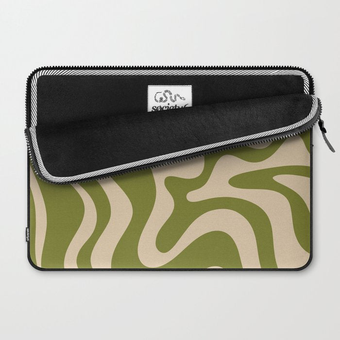 Retro Liquid Swirl Abstract Pattern in Mid Mod Olive Green and Beige Laptop Sleeve Gallery Image 2