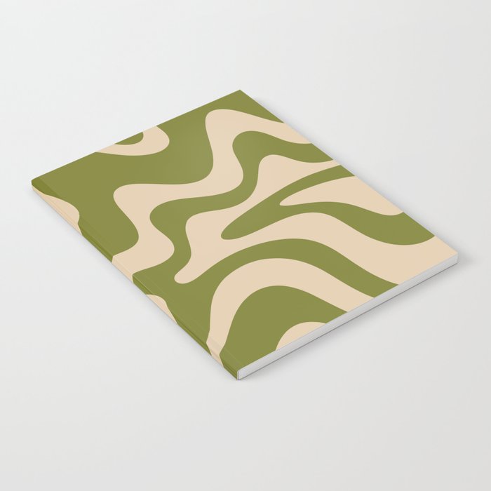 Retro Liquid Swirl Abstract Pattern in Mid Mod Olive Green and Beige Notebook Gallery Image 1