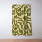 Retro Liquid Swirl Abstract Pattern in Mid Mod Olive Green and Beige Window Curtain Gallery Image 3
