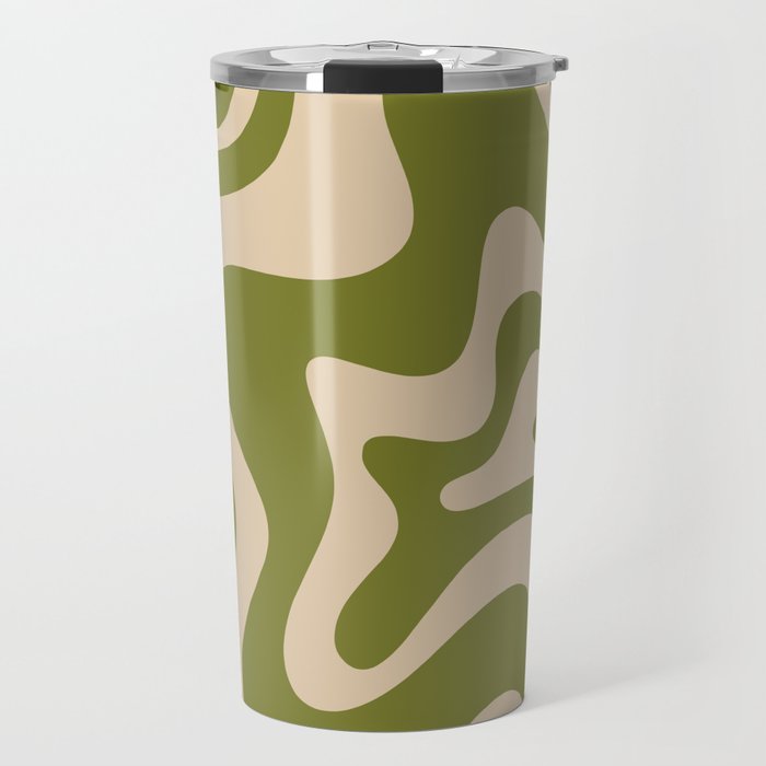 Retro Liquid Swirl Abstract Pattern in Mid Mod Olive Green and Beige Travel Mug Gallery Image 1