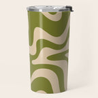 Retro Liquid Swirl Abstract Pattern in Mid Mod Olive Green and Beige Travel Mug Gallery Image 2