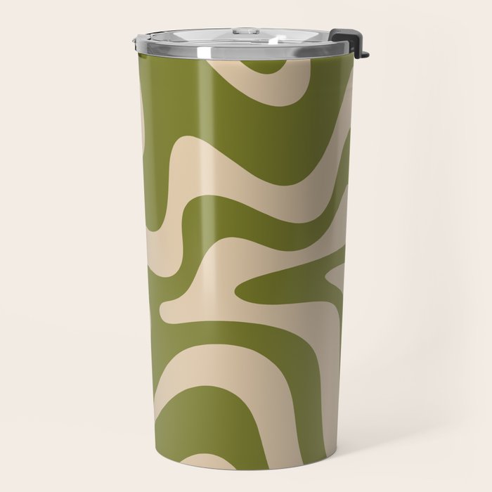 Retro Liquid Swirl Abstract Pattern in Mid Mod Olive Green and Beige Travel Mug Gallery Image 2