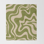 Retro Liquid Swirl Abstract Pattern in Mid Mod Olive Green and Beige Throw Blanket Gallery Image 2