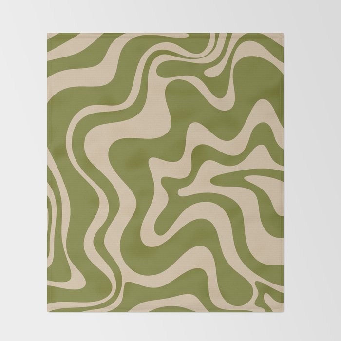 Retro Liquid Swirl Abstract Pattern in Mid Mod Olive Green and Beige Throw Blanket Gallery Image 2
