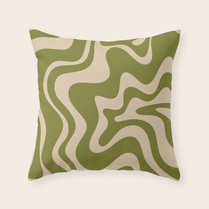 Retro Liquid Swirl Abstract Pattern in Mid Mod Olive Green and Beige Throw Pillow Gallery Image 1