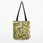 Retro Liquid Swirl Abstract Pattern in Mid Mod Olive Green and Beige Tote Bag Gallery Image 2