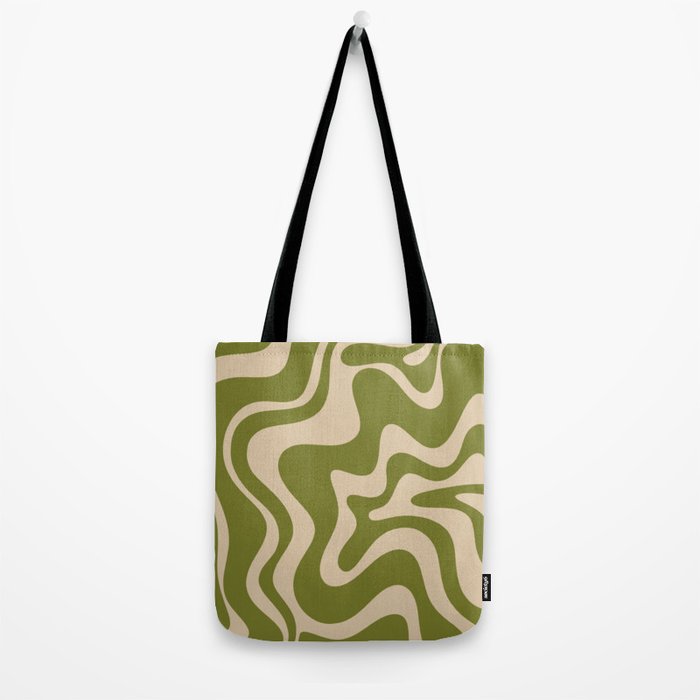 Retro Liquid Swirl Abstract Pattern in Mid Mod Olive Green and Beige Tote Bag Gallery Image 2