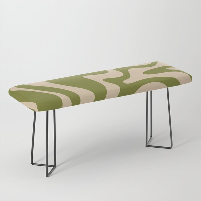 Retro Liquid Swirl Abstract Pattern in Mid Mod Olive Green and Beige Bench Gallery Image 1