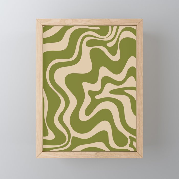 Retro Liquid Swirl Abstract Pattern in Mid Mod Olive Green and Beige Mini Art Print Gallery Image 1