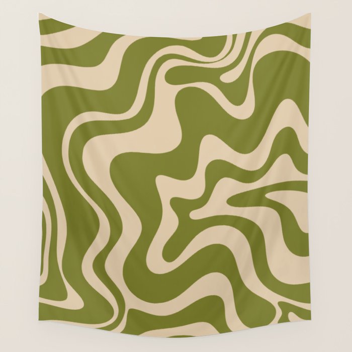 Retro Liquid Swirl Abstract Pattern in Mid Mod Olive Green and Beige Wall Tapestry Gallery Image 4