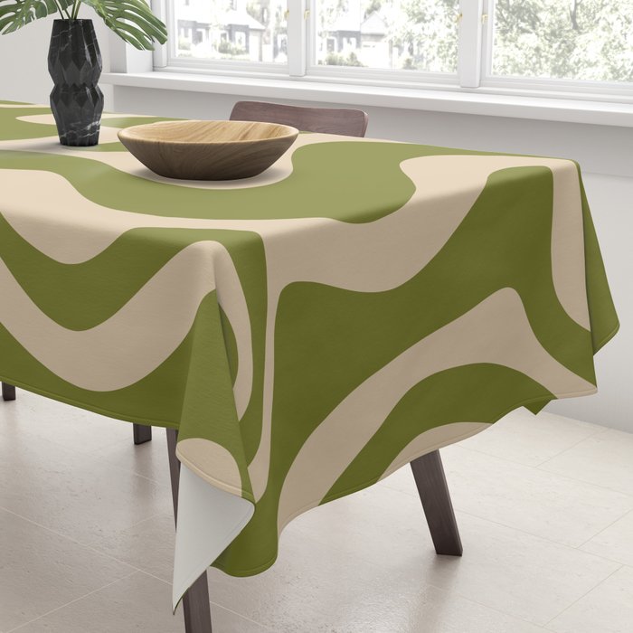 Retro Liquid Swirl Abstract Pattern in Mid Mod Olive Green and Beige Tablecloth Gallery Image 3