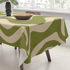 Retro Liquid Swirl Abstract Pattern in Mid Mod Olive Green and Beige Tablecloth Gallery Image 3