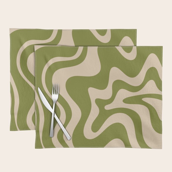 Retro Liquid Swirl Abstract Pattern in Mid Mod Olive Green and Beige Placemat Gallery Image 1