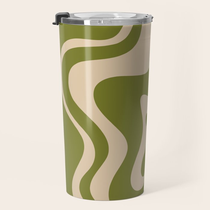 Retro Liquid Swirl Abstract Pattern in Mid Mod Olive Green and Beige Travel Mug Gallery Image 3