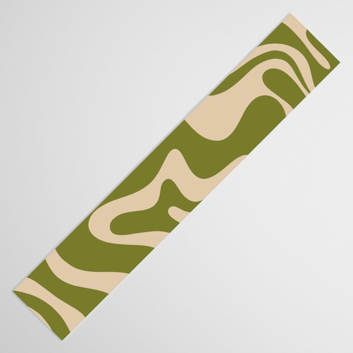 Retro Liquid Swirl Abstract Pattern in Mid Mod Olive Green and Beige Table Runner Gallery Image 3