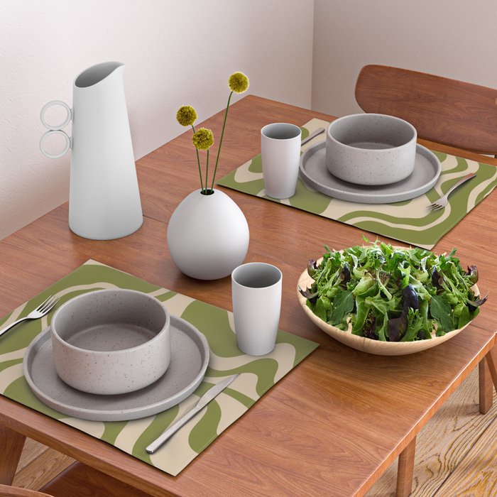 Retro Liquid Swirl Abstract Pattern in Mid Mod Olive Green and Beige Placemat Gallery Image 2