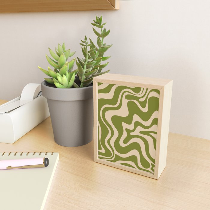 Retro Liquid Swirl Abstract Pattern in Mid Mod Olive Green and Beige Mini Art Print Gallery Image 2