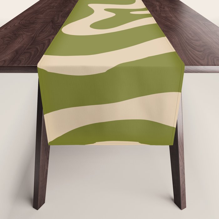 Retro Liquid Swirl Abstract Pattern in Mid Mod Olive Green and Beige Table Runner Gallery Image 1
