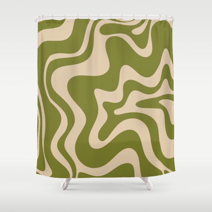 Retro Liquid Swirl Abstract Pattern in Mid Mod Olive Green and Beige Shower Curtain Gallery Image 1