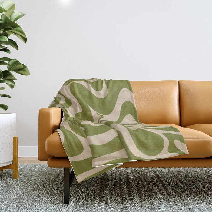 Retro Liquid Swirl Abstract Pattern in Mid Mod Olive Green and Beige Throw Blanket Gallery Image 1
