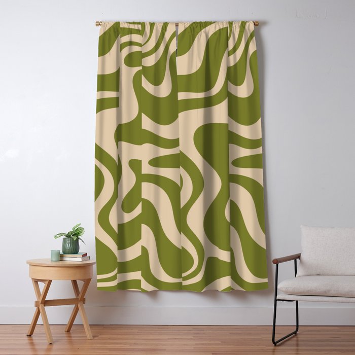 Retro Liquid Swirl Abstract Pattern in Mid Mod Olive Green and Beige Window Curtain Gallery Image 5