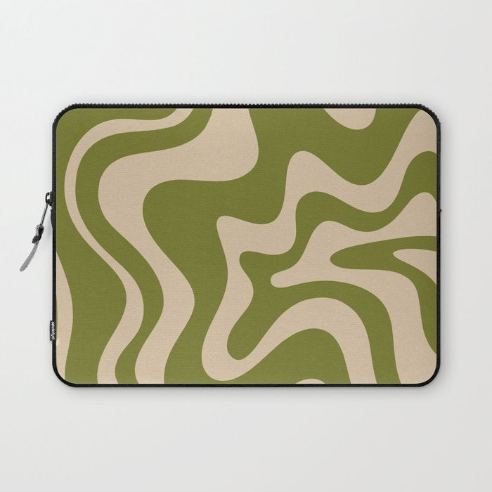 Retro Liquid Swirl Abstract Pattern in Mid Mod Olive Green and Beige Laptop Sleeve Gallery Image 1