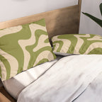 Retro Liquid Swirl Abstract Pattern in Mid Mod Olive Green and Beige Pillow Sham Gallery Image 2