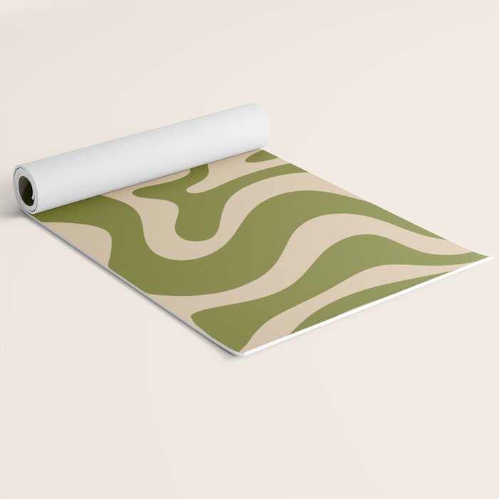 Retro Liquid Swirl Abstract Pattern in Mid Mod Olive Green and Beige Yoga Mat Gallery Image 2