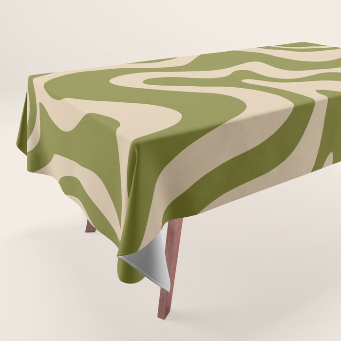 Retro Liquid Swirl Abstract Pattern in Mid Mod Olive Green and Beige Tablecloth Gallery Image 1