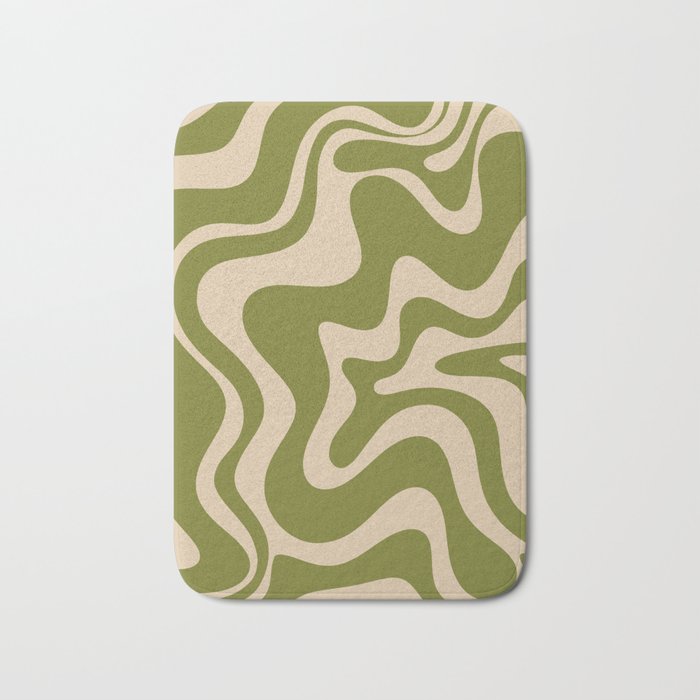 Retro Liquid Swirl Abstract Pattern in Mid Mod Olive Green and Beige Bath Mat Gallery Image 1